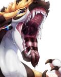  4:5 blonde_hair blue_eyes bodily_fluids dragon drooling ear_piercing feral hair hi_res male mouth_shot nummynumz open_mouth piercing saliva sharp_teeth simple_background solo teeth tongue tongue_out white_background 