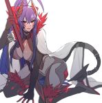  1girl another_dark_mai antenna_hair backless_outfit bare_shoulders black_pants blazblue blazblue:_central_fiction blazblue_alternative:_dark_war blue_hair bow breasts cape colored_skin dark_persona gloves grey_skin hair_between_eyes hair_bow halter_top halterneck highres holding holding_spear holding_weapon horns large_breasts long_hair looking_at_viewer lowleg lowleg_pants mai_natsume outseal pants polearm ponytail red_bow red_eyes revealing_clothes ribbon roas01b sideboob sidelocks solo spear tail very_long_hair weapon white_cape 