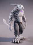  3:4 3d_(artwork) absurd_res anthro arceronth balls_outline bottomwear bulge charr claws clothed clothing digital_media_(artwork) felid fur genital_outline guild_wars hair hi_res horn long_hair male mammal pants paws sheath_outline smile solo standing stripes topless topless_male video_games white_body white_fur 