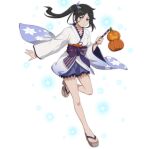  1girl alternate_costume artist_request bangs black_eyes black_hair bow closed_mouth collarbone dungeon_ni_deai_wo_motomeru_no_wa_machigatteiru_darou_ka food full_body hair_ornament halloween holding holding_food holding_pumpkin holding_vegetable japanese_clothes kimono long_hair long_sleeves looking_at_viewer obi parted_bangs ponytail pumpkin purple_bow sandals sash side_ponytail smile solo sparkle standing standing_on_one_leg transparent_background vegetable white_kimono wide_sleeves yamato_mikoto 