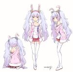  1girl :o animal_ears azur_lane bangs blush breasts bunny_ears collarbone commentary_request eyebrows_visible_through_hair facing_away fake_animal_ears full_body fur_trim hairband laffey_(azur_lane) long_hair looking_at_viewer moupii_(hitsuji_no_ki) multiple_views parted_lips pink_coat pleated_skirt red_skirt shirt signature silver_hair simple_background skirt small_breasts standing thighhighs twintails very_long_hair white_background white_legwear white_shirt zettai_ryouiki 