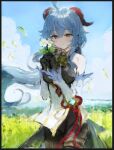  1girl ahoge bangs bare_shoulders bell black_gloves blue_hair breasts closed_mouth daisy detached_sleeves dress eyebrows_visible_through_hair feet_out_of_frame flower flower_pot ganyu_(genshin_impact) genshin_impact gloves hair_between_eyes holding holding_pot horns kneeling long_hair looking_at_viewer medium_breasts pot purple_eyes red_ribbon ribbon smile solo sonchi very_long_hair white_dress white_flower 