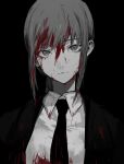  1girl bangs blood blood_on_face bloody_clothes bloody_hair braid business_suit chainsaw_man closed_mouth formal greyscale jacket ktym_777 long_hair makima_(chainsaw_man) monochrome necktie ringed_eyes sidelocks simple_background single_braid solo spot_color suit upper_body 