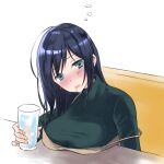  1girl black_hair blue_eyes breast_rest breasts brown_dress commentary_request dress drink drooling glass green_sweater kantai_collection large_breasts long_hair official_alternate_costume saliva simple_background sitting solo souryuu_(kantai_collection) strap_slip sweater turtleneck u0709 upper_body white_background 