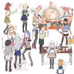  6+girls abyssal_ship ahoge beige_cardigan black_footwear black_jacket black_legwear black_sailor_collar black_skirt blonde_hair blue_hair blue_skirt boots brown_hair brown_jacket brown_legwear c2-chan c2_kikan cardigan commentary_request crab crab_on_head de_ruyter_(kantai_collection) flamethrower full_body gangut_(kantai_collection) green_legwear green_skirt green_vest grey_hair grill hibiki_(kantai_collection) highres houston_(kantai_collection) jacket kantai_collection lifting littorio_(kantai_collection) long_hair low_twintails multiple_girls necktie oboro_(kantai_collection) pantyhose pencil_skirt perth_(kantai_collection) phone plate pleated_skirt red_skirt sailor_collar school_uniform self_shot serafuku silver_hair simple_background skirt south_dakota_(kantai_collection) standing table tashkent_(kantai_collection) thighhighs translation_request twintails v verniy_(kantai_collection) vest washington_(kantai_collection) weapon white_background white_sailor_collar yamashichi_(mtseven) 