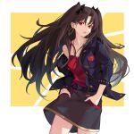  1girl belt black_ribbon casual duplicate earrings fate/grand_order fate_(series) hair_ribbon hands_in_pockets ishtar_(fate)_(all) ishtar_(fate/grand_order) jewelry long_hair looking_at_viewer open_mouth red_eyes ribbon sakanasoko skirt solo space 
