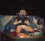  anthro bottomless bottomless_female cervid clothed clothing colored depth_of_field female fingerless_(marking) furniture gaming genitals gloves_(marking) inner_ear_fluff kobold mammal markings plushie pussy smile sofa solo sudo_poweroff table tuft 