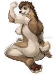  2015 anthro biceps black-kalak breasts brown_hair butt canid canine canis domestic_dog eyes_closed female flexing fur hair mammal muscular muscular_anthro muscular_female nipples pawpads short_tail side_boob smile solo tan_body tan_fur 