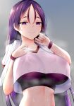  1girl bangs black_bra black_sports_bra bra breasts chixiao fate/grand_order fate_(series) highres holding holding_towel large_breasts long_hair midriff minamoto_no_raikou_(fate/grand_order) parted_bangs purple_eyes purple_hair smile sports_bra sportswear stomach sweat tank_top towel towel_around_neck underwear very_long_hair white_towel 