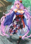  1girl absurdly_long_hair alternate_costume azur_lane bare_shoulders boots breasts collarbone commentary_request day detached_collar floral_print flower gloves hair_flower hair_ornament half_gloves highres huge_breasts long_hair long_skirt outdoors perseus_(azur_lane) pink_eyes pink_hair skirt solo stone_walkway taishou tree twintails very_long_hair wide_sleeves yam_(yam6056) 