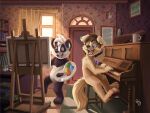  anthro book bookshelf canid canine canis cup domestic_dog duo easel furniture giant_panda keyboard_instrument male mammal musical_instrument palette pandapaco piano ursid 