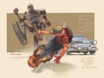  1boy artist_name backpack bag baseball_cap car clenched_hands denim english_text ground_vehicle hat hover_board jeans looking_back mecha motor_vehicle open_hands original pants racing red_shirt robot running russian_text science_fiction shirt t-shirt tkachenko_andrey 