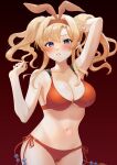  1girl absurdres animal_ears arm_up armpits bangs bare_shoulders bikini blonde_hair blush breasts bunny_ears cleavage cowboy_shot embarrassed eyebrows_visible_through_hair fake_animal_ears gradient gradient_background granblue_fantasy hairband hand_in_hair hand_up highres large_breasts long_hair looking_at_viewer navel o-ring o-ring_bikini parted_lips purple_eyes red_background red_bikini red_hairband red_ribbon ribbon side-tie_bikini solo stomach sweat swimsuit takio_(kani_sama) twintails zetta_(phantom_kingdom) 