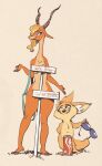  2020 antelope anthro blonde_hair bovid breasts canid canine censored convenient_censorship disney duo edtropolis eyewear female fennec finnick fox fur gazelle gazelle_(zootopia) grin hair hi_res holding_object horn inner_ear_fluff male mammal nude smile standing sunglasses tuft under_boob zootopia 