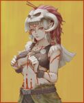  1girl alternate_costume barbarian_set_(zelda) belt bodypaint border braid breasts closed_mouth collarbone commentary crop_top english_commentary facepaint grey_eyes grey_hair hands_up highres horns kumanz lips long_hair looking_at_viewer medium_breasts midriff navel no_bra paya_(zelda) pointy_ears sidelocks signature skull solo stomach the_legend_of_zelda the_legend_of_zelda:_breath_of_the_wild underboob upper_body 