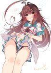  1girl ahoge aqua_sailor_collar artist_name black_panties blush brown_eyes brown_hair eyebrows_visible_through_hair feet_out_of_frame flying_sweatdrops highres huge_ahoge kantai_collection ko_yu kuma_(kantai_collection) long_hair navel panties parted_lips pleated_skirt remodel_(kantai_collection) sailor_collar school_uniform serafuku short_sleeves signature skirt solo spoken_blush underwear white_skirt 