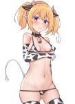  ... 1girl absurdres anger_vein animal_collar animal_ears animal_print arm_behind_back bare_shoulders bell bikini blonde_hair blush breasts chloe_(princess_connect!) collar commentary_request cow_print cowbell elbow_gloves eyebrows_visible_through_hair fake_animal_ears fake_tail gloves hairband highres looking_at_viewer medium_breasts micro_bikini muromachi_atsushi navel patterned_clothing pointy_ears princess_connect! princess_connect!_re:dive purple_eyes reward_available short_hair solo speech_bubble spoken_anger_vein spoken_ellipsis standing stomach swimsuit tail thighhighs twintails v-shaped_eyebrows white_background 