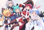  5girls :d ;) animal_ear_fluff animal_ears aqua_hair arm_under_breasts armor ascot bangs bare_shoulders black_gloves black_headwear black_jacket black_legwear black_ribbon blonde_hair blue_dress blue_hair blush braid breasts brooch brown_legwear bunny_ears carrot carrot_hair_ornament cleavage commentary_request detached_sleeves don-chan_(usada_pekora) double_bun dress eyebrows_visible_through_hair feet_out_of_frame food_themed_hair_ornament french_braid fur_trim gloves green_eyes grey_background hair_ornament hair_ribbon hands_on_own_cheeks hands_on_own_face hat highres hololive houshou_marine index_finger_raised jacket jacket_removed jewelry large_breasts long_hair looking_at_viewer multicolored_hair multiple_girls one_eye_closed open_mouth orange_eyes pantyhose pirate_hat pointy_ears ponytail puffy_short_sleeves puffy_sleeves reaching_out red_hair red_neckwear red_ribbon red_shirt red_skirt ribbon roke_(taikodon) shiranui_flare shirogane_noel shirt short_hair short_sleeves silver_hair simple_background skirt skull_hair_ornament small_breasts smile standing tassel thighhighs twin_braids twintails two-tone_hair uruha_rushia usada_pekora virtual_youtuber white_gloves wide_sleeves yellow_eyes zettai_ryouiki 