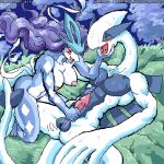  1:1 anthro anthrofied balls blush bodily_fluids breasts duo female forest genitals legendary_pok&eacute;mon low_res lugia male male/female mariano navel night nintendo penis plant pok&eacute;mon pok&eacute;mon_(species) pok&eacute;morph red_eyes suicune sweat tree video_games 