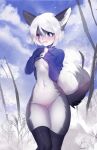  5_fingers alshir0 anthro black_thigh_highs blue_clothing blue_eyes blue_sweater blue_topwear blush bottomless breasts canid canine canis cleft_of_venus clothed clothing clothing_lift cloud cloudscape cute_fangs day dead_tree detailed_background domestic_dog exposed_breasts female fingers fluffy fluffy_tail fur genitals grea_(nico_the_fennec) grey_body grey_fur hair hi_res husky looking_away mammal midriff multi_nipple multicolored_body multicolored_fur navel nipples nordic_sled_dog open_mouth outside pink_nose pink_tongue plant portrait pussy short_hair shrub shy sky small_breasts solo spitz standing sweater sweater_lift three-quarter_portrait tongue topwear topwear_lift tree two_tone_body two_tone_fur white_body white_fur white_hair 