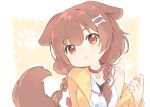  1girl :o animal_ears bangs blush bone_hair_ornament braid brown_hair buckle collar collarbone dog_ears dog_girl dog_tail eyebrows_visible_through_hair garun_wattanawessako hair_ornament head_tilt hololive inugami_korone jacket long_hair long_sleeves looking_at_viewer off_shoulder open_clothes open_jacket parted_lips paw_background red_eyes shirt single_bare_shoulder solo tail twin_braids two-tone_background upper_body virtual_youtuber white_shirt yellow_background yellow_jacket 