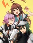  3girls ^_^ ^o^ ahoge annin_musou aqua_sailor_collar black_gloves blush brown_eyes brown_hair closed_eyes eyebrows_visible_through_hair eyepatch gloves green_eyes green_hair hair_between_eyes hat huge_ahoge kantai_collection kiso_(kantai_collection) kuma_(kantai_collection) long_hair multiple_girls neckerchief open_mouth pink_hair red_neckwear remodel_(kantai_collection) sailor_collar sailor_hat school_uniform serafuku short_hair short_sleeves smile tama_(kantai_collection) white_headwear 