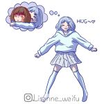  2girls artist_name brown_hair english_text hood hoodie hug instagram_username lisanne_waifu multiple_girls original orignal short_hair skirt thighhighs thought_bubble white_background white_hair white_legwear zettai_ryouiki 