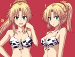 1girl bangs bare_shoulders bikini blonde_hair blush braid breasts cleavage collarbone fate/apocrypha fate_(series) french_braid green_eyes hair_ornament hair_scrunchie haura_akitoshi long_hair looking_at_viewer medium_breasts mordred_(fate) mordred_(fate)_(all) multiple_views navel open_mouth parted_bangs ponytail red_background scrunchie sidelocks swimsuit white_bikini 