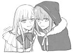 2girls artist_name bangs blonde_hair bow bowtie cape closed_mouth cropped_shoulders eyebrows_visible_through_hair fate_(series) fur_trim gray_(lord_el-melloi_ii) greyscale highres hood hood_up hooded_cape long_hair looking_at_viewer lord_el-melloi_ii_case_files monochrome multiple_girls reines_el-melloi_archisorte ribbon sakanomachico simple_background smile 