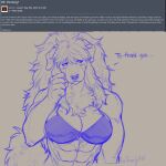  1:1 2020 abs anthro big_breasts black-kalak blush bra breasts canid canine canis cleavage clothed clothing domestic_dog embarrassed english_text female fluffy fluffy_tail fur hair mammal muscular muscular_anthro muscular_female neck_tuft shy simple_background sketch solo text tuft underwear 