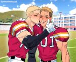  2boys alternate_costume blonde_hair blush brown_eyes cheek_kiss contemporary elbow_gloves facial_hair facial_mark gloves hancheol_mettugi kiss male_focus multiple_boys muscular muscular_male pants pectorals pink_shirt porco_galliard reiner_braun rugby_uniform shingeki_no_kyojin shirt smile sportswear undercut white_gloves white_pants yaoi yellow_eyes 