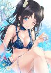  1girl ;d bangs bare_arms bare_legs bare_shoulders bikini black_hair blue_bikini blue_choker blue_eyes blush bow breasts choker cleavage collarbone commentary_request earrings eyebrows_visible_through_hair feet_out_of_frame fingernails floral_print flower grin hair_flower hair_ornament highres hoop_earrings idolmaster idolmaster_shiny_colors jewelry knees_up lens_flare long_fingernails long_hair looking_at_viewer medium_breasts mitsumine_yuika nail_polish one_eye_closed one_side_up open_mouth parted_bangs print_bikini shallow_water sitting smile solo sparkle swimsuit teeth urabi_(tomatohouse) very_long_hair water white_bow white_flower yellow_nails 