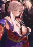  1girl absurdres bangs blue_eyes blue_kimono blush breasts clothes_pull detached_sleeves earrings fate/grand_order fate_(series) hair_ornament highres japanese_clothes jewelry kimono large_breasts long_hair looking_at_viewer magatama miyamoto_musashi_(fate/grand_order) nipples pink_hair ponytail ryouya sash sleeveless sleeveless_kimono smile swept_bangs 