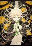  1boy bangs brown_jacket commentary danganronpa_(series) danganronpa_2:_goodbye_despair flower green_eyes highres holding holding_flower hood jacket komaeda_nagito kuma_no_(y6lnv) letterboxed long_sleeves looking_at_viewer male_focus medium_hair navel open_clothes open_jacket orange_flower shirt skeleton smile solo stomach upper_body white_hair 