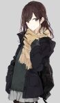  1girl backpack bag black_jacket blush brown_hair brown_scarf closed_mouth grey_background grey_skirt jacket long_hair long_sleeves looking_at_viewer original pleated_skirt purple_eyes scarf shiina_kuro simple_background skirt smile solo sweater 