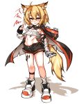  1girl absurdres ahoge animal_ear_fluff animal_ears arknights bandaged_arm bandaged_leg bandages bangs black_cape black_gloves black_shorts blonde_hair blush breasts cape commentary_request eyebrows_visible_through_hair fang fang_necklace fingerless_gloves fox_ears fox_tail full_body gloves godgamesc2 groin hair_between_eyes hair_ornament hairclip highres hood hooded_cape index_finger_raised jewelry korean_commentary leg_strap looking_at_viewer midriff navel notched_ear orange_eyes oripathy_lesion_(arknights) parted_lips prosthesis prosthetic_arm shadow shoes short_hair shorts sidelocks simple_background single_fingerless_glove skindentation small_breasts solo standing strapless_shirt sweat tail torn_cape torn_clothes vermeil_(arknights) white_background white_footwear 