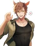  1boy animal_ears au_ra bishounen black_tank_top bunny_ears character_request claw_pose covered_abs final_fantasy final_fantasy_xiv highres jewelry light_brown_hair male_focus open_clothes open_shirt pectorals rabbit_boy saseum_(deerdidiff) short_hair single_earring smile solo tank_top upper_body yellow_eyes 