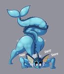  anthro anthrofied bent_over breast_squish breasts dripping_wet eeveelution english_text female grey_background hi_res iamaneagle_(artist) nintendo pok&eacute;mon pok&eacute;mon_(species) pok&eacute;morph raised_tail simple_background sniffing solo squish text vaporeon video_games wet white_text wiggling_hips 