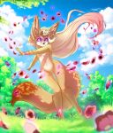  anthro beauty_mark big_ears black_nose breasts canid canine cloud e-pon featureless_breasts featureless_crotch female fennec flower_petals fox fur glowing glowing_eyes grass hair kyuro long_hair mammal multicolored_body nude outside petals plant psychic purple_eyes sky smile solo standing tan_body tan_fur telekinesis tree white_body white_fur 