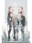  2girls azur_lane bodysuit breasts character_name cleavage commentary_request cross cross_earrings earrings eyes_visible_through_hair glowing headgear high_heels highres iron_cross jewelry large_breasts long_hair mecha_musume mechanical_ears mole mole_on_breast multiple_girls one_eye_closed orange_eyes prinz_eugen_(azur_lane) prinz_heinrich_(azur_lane) red_eyes sideboob silver_hair tube twintails underboob yusha_(m-gata) 