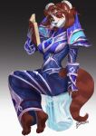  anthro blizzard_entertainment book bremonqueen_(artist) clothing ear_piercing ear_ring eye_markings female fur hair_buns hi_res ice mammal markings one_eye_closed pandaren piercing red_pandaren robe shoulder_pads sitting solo ursid video_games warcraft wink 