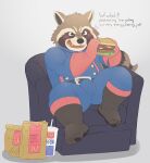  2021 absurd_res anthro aotoaka belly blush bottomwear brown_body brown_fur bulge burger clothed clothing english_text food fur furniture gloves guardians_of_the_galaxy handwear hi_res humanoid_hands kemono male mammal marvel overweight overweight_anthro overweight_male pants procyonid raccoon rocket_raccoon simple_background sitting sofa solo text 