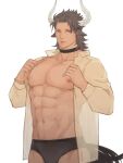  1boy abs animal_ears arknights artist_name bare_pecs beige_shirt black_male_underwear briefs brown_eyes brown_hair bulge cow_boy cow_ears cow_horns cow_tail cowboy_shot earrings expressionless highres horns jewelry ketanbakar male_focus male_underwear matterhorn_(arknights) medium_hair muscular muscular_male navel nipples open_clothes open_shirt pectorals solo stomach tail underwear undressing 