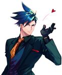  1boy absurdres black_gloves black_vest blown_kiss blue_eyes blue_hair buttons collared_jacket formal galo_thymos gloves green_suit highres male_focus necktie one_eye_closed promare short_hair simple_background solo spiked_hair tabno_(tanbotalo) upper_body vest white_background yellow_neckwear 