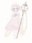  1girl absurdres asymmetrical_footwear blue_eyes bow brown_hair cane dress facing_viewer frilled_dress frilled_shirt_collar frills glasses hat helena_adams highres identity_v lantern looking_at_viewer nerimono_(nekokoban22) nightgown open_mouth pastel_colors pink_dress purple_bow ribbon short_hair short_sleeves solo star_(symbol) striped striped_legwear white_background 