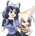  2girls animal_ears black_neckwear black_skirt blonde_hair blue_shirt bow bowtie brown_eyes clenched_hand collar common_raccoon_(kemono_friends) eyebrows_visible_through_hair fennec_(kemono_friends) fighting_stance fox_ears fur_collar grey_hair half-closed_eyes hand_on_another&#039;s_shoulder hand_on_hip highres kamishima_kanon kemono_friends looking_to_the_side multiple_girls open_mouth pink_sweater pleated_skirt puffy_short_sleeves puffy_sleeves raccoon_ears shirt short_sleeves silver_hair skirt smile smirk standing sweater v-shaped_eyebrows white_collar yellow_neckwear 
