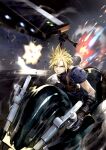  1boy action armor blonde_hair blue_eyes buster_sword cloud_strife commentary_request explosion final_fantasy final_fantasy_vii final_fantasy_vii_remake fire gloves ground_vehicle highres holding holding_weapon jun_(seojh1029) materia motor_vehicle motorcycle on_motorcycle riding short_hair shoulder_armor sleeveless solo speed_lines spiked_hair sweater turtleneck weapon 