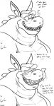  activision anthro biceps bodily_fluids canid canine canis crash_bandicoot_(series) crocodilian dialogue dingo dingodile english_text hi_res hybrid looking_at_viewer male mammal monochrome muscular muscular_anthro muscular_male naughty_face pecs reptile saliva scalie solo teeth text tongue tongue_out uniparasite video_games 