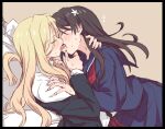  2girls absurdres black_border black_hair black_jacket black_serafuku black_skirt blonde_hair blush border closed_eyes ear_blush eyebrows_visible_through_hair eyes_visible_through_hair french_kiss frenda_seivelun hand_on_another&#039;s_chin hand_on_another&#039;s_neck hands_on_another&#039;s_shoulders highres jacket kiss long_hair miiii multiple_girls off_shoulder red_neckwear sakugawa_school_uniform saliva saten_ruiko school_uniform serafuku shirt sketch skirt sweat to_aru_kagaku_no_railgun to_aru_majutsu_no_index tongue white_shirt yuri 