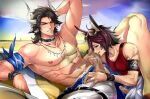  2boys abs animal_ears arknights arm_behind_head armpit_peek bare_pecs beach brown_eyes brown_hair bunny_ears censored character_request cow_boy cow_ears cow_horns day earrings highres horns imminent_fellatio jewelry male_focus male_swimwear matterhorn_(arknights) matterhorn_(beach_guard)_(arknights) medium_hair mosaic_censoring multiple_boys muscular muscular_male navel nipples outdoors pectorals penis pmoazi precum rabbit_boy red_tank_top seductive_smile smile spread_legs swim_trunks swimwear tank_top thighs tooth_necklace yaoi 